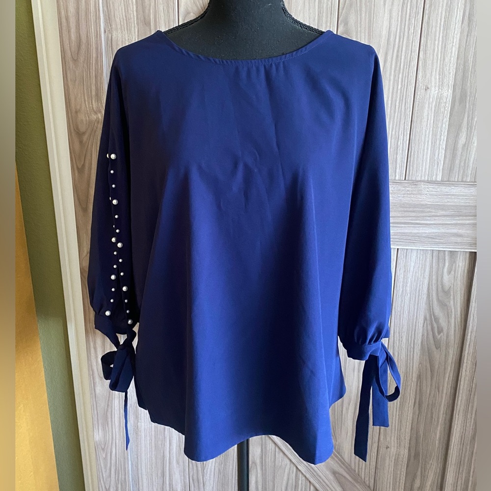 Shein Women's Dark Blue Split Sleeve Knot Cuff Blouse